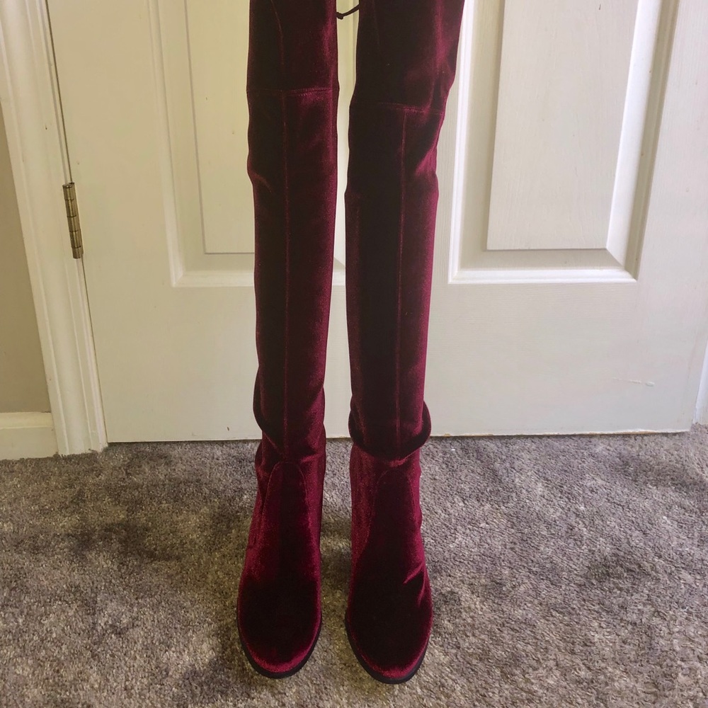 Stuart Weitzman Over-the-Knee Velvet Boots in Burgundy